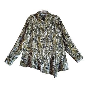 SUSAN GRAVER Women L Shirt Green Snake Print Gold Buttons Asymmetrical Bust 44"